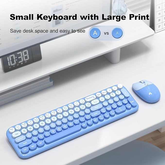 Wireless Keyboard and Mouse Combo, MOWUX Compact Typewriter Retro Round Computer Keyboard, Cute Optical Mouse Wireless, Plug and Play, for Laptop, PC, Computer- Blue Gradient
