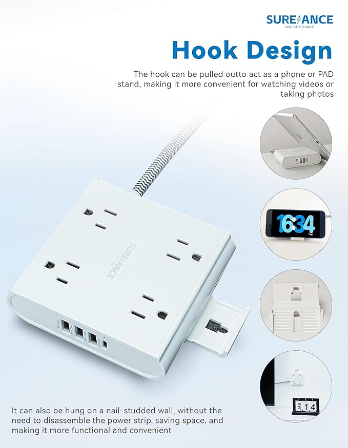 4-Outlet Power Strip with USB C-SUREANCE Surge Protector, 4 USB Ports, 1050J, 5FT Extension Cord, Flat Plug, Wall Mountable, ETL Listed - Desktop Charging Station for Home, Office, Dorm Essentials