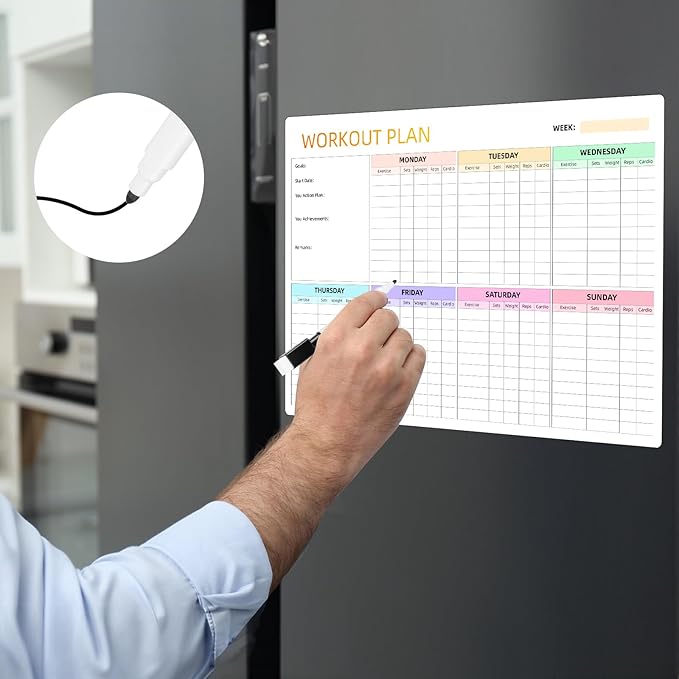 Workout Plan Dry Erase Magnetic Whiteboard for Refrigerator-Weekly Fitness Tracker Gym Exercise Tracker Schedules and Checklists