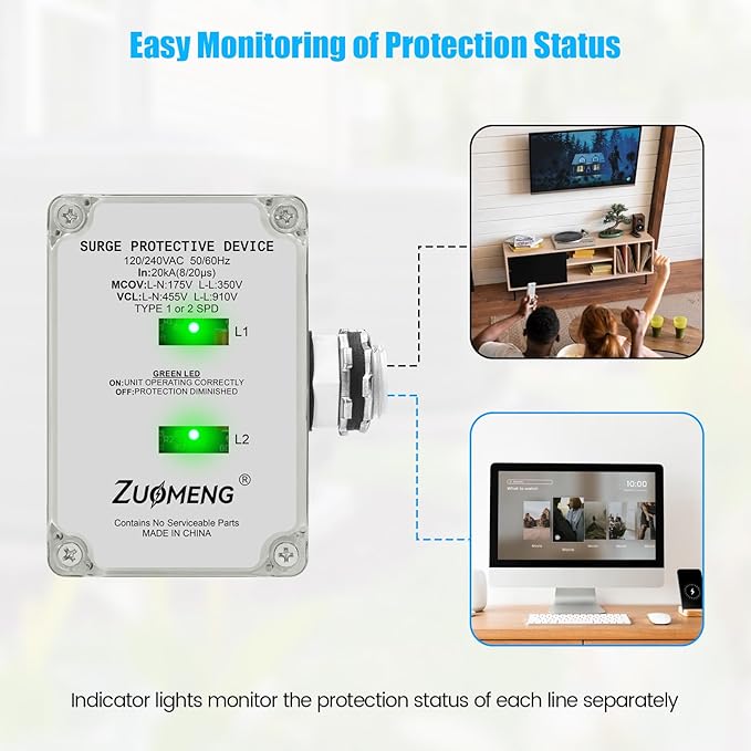 HVAC Surge Protector, Zuomeng 120/240VAC Universal Air Conditioner Surge Protective Device with 20kA Surge Absorption, Dual LED Indicators, 3 Type of Protection to Protect HVAC Systems