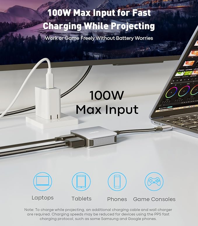 USB C to HDMI 2.1 Adapter with 100W USBC Charging Port, Supports [8K, 4K@120Hz/60Hz HDR], 48Gbps Thunderbolt to HDMI Adapter Compatible for Laptop, iPhone 15/16, Switch 1/2, Steam Deck