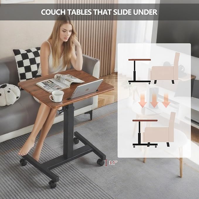 Mobile Standing Desk,Height Adjustable Overbed Bedside Table with Wheels&Cup Holder,Hand Crank Sit Stand Desk and Laptop Cart,Computer Workstation for Home Office Classroom Hospital (Manual Walnut)