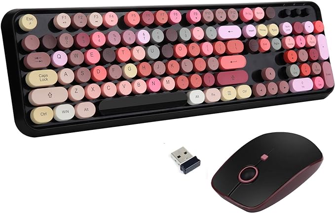 Retro Wireless Keyboard and Mouse Set,2.4Ghz Colorful Lipstick Style Typewriter Keyboard with Cute Round Keys,Full Size Mixed Color Aesthetic Keyboard&3 DPI Mouse for PC Laptop Desktop Computer-Black