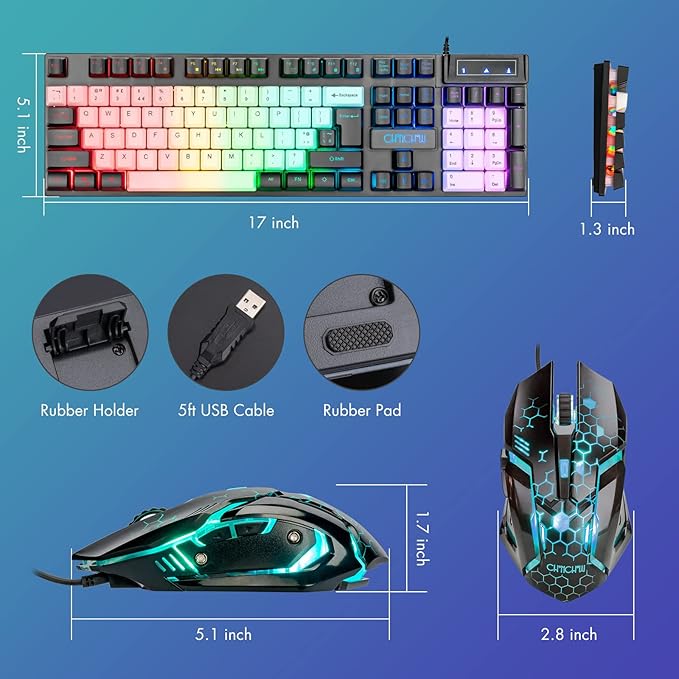 CHONCHOW USB Wired Keyboad and Mouse Combo, Full Size Rainbow LED Light Up Backlit Color Gamer Keyboard and Mouse Set, Mouse and Keyboard Combo for Computer Laptop Xbox PS4 PS5 Gaming and Work