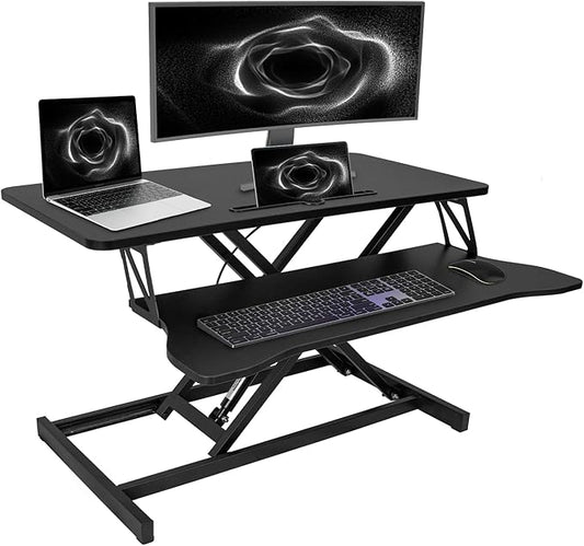 37" Stable Standing Desk Converter, Height Adjustable Sit Stand Up Desk Riser, Dual Monitor and Laptop Workstation with Wide Keyboard Tray Desk Lifter for Home Office, Black