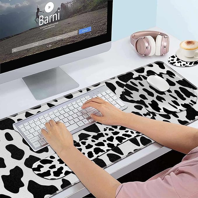 Keyboard Wrist Rest and Mouse Pad Wrist Support Set,Ergonomic Memory Foam Wrist Pad & Non Slip Base for Home Office Working Studying Easy Typing,Pain Relief,Cow Pattern