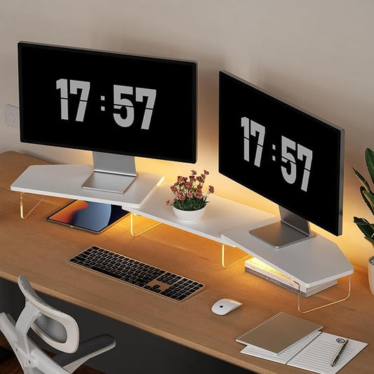 LED Dual Monitor Stand Riser for 2 Monitors,Office Desktop Wooden Stand Adjustable Length and Angle 3 Shelf,Extra Long Multifunctional Stand up to 44.4" for Computer,Laptop,TV,White
