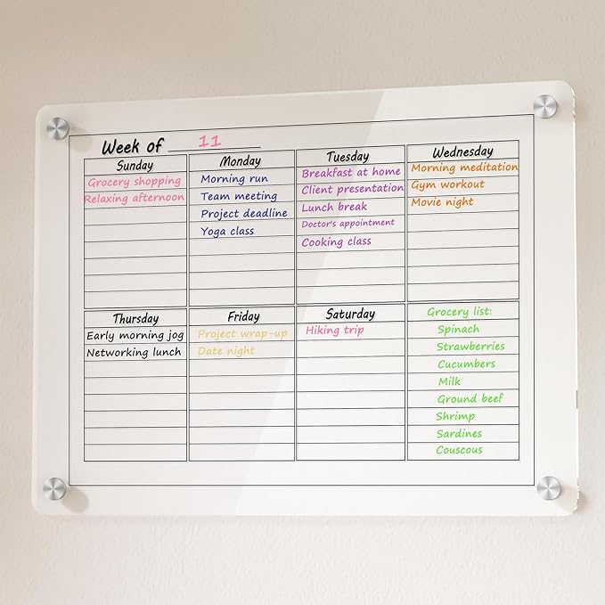 Acrylic Weekly Calendar Whiteboard for Wall, 15"x11" Small Clear Planner Dry Erase White Board for List, Kitchen, Planning, Memo