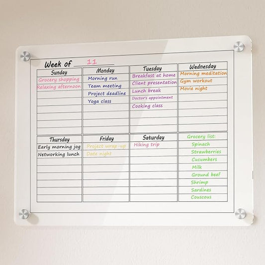 Acrylic Weekly Calendar Whiteboard for Wall, 15"x11" Small Clear Planner Dry Erase White Board for List, Kitchen, Planning, Memo