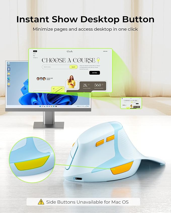 seenda Ergonomic Mouse Rechargeable, Multi-Device Connection（2.4G&Type C, Vertical Wireless Mouse with Instant Desktop Return Key, Palm Rest, Anti-Slip Optical Mice for Mac OS, Windows, Blue