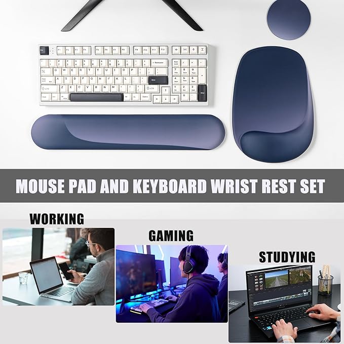 Ergonomic Mouse Pad and Keyboard Wrist Rest Set, Keyboard and Mouse Pad, Mouse Wrist Support, Non-Slip Coaster, Comfort & Support for Typing and Gaming,Reduces Fatigue (3, Blue)