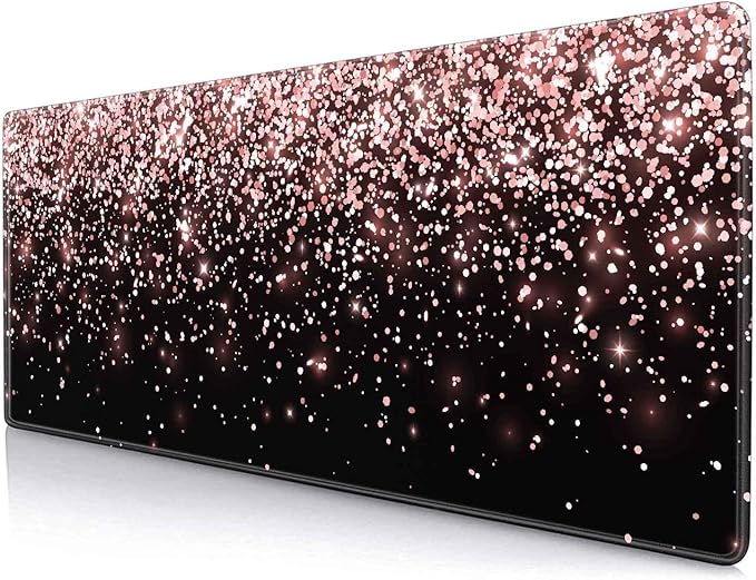 IMAYONDIA Gaming Mouse Pad, Large Non-Slip Rubber Base Mousepad with Stitched Edges, Keyboard Mouse Mat Desk Pad for Work, Game, Office, 31.5x11.8 Inch - Rose Gold Black Glitter Luxury