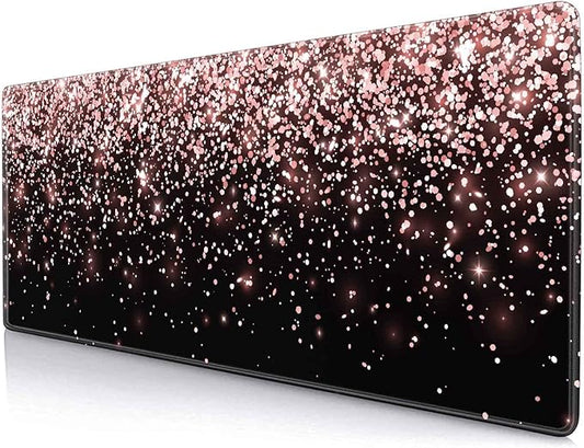 IMAYONDIA Gaming Mouse Pad, Large Non-Slip Rubber Base Mousepad with Stitched Edges, Keyboard Mouse Mat Desk Pad for Work, Game, Office, 31.5x11.8 Inch - Rose Gold Black Glitter Luxury