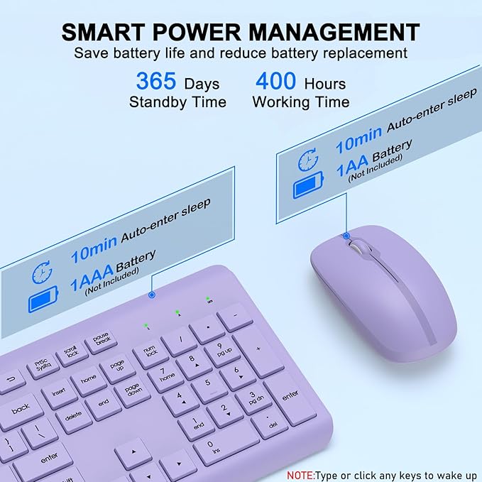 Wireless Keyboard and Mouse Combo, Full-Size Silent Ergonomic Keyboard and Optical Mouse, Long Battery Life, 2.4GHz Lag-Free Cordless Mice Keyboard for Computer, Mac, Laptop, PC, Windows(Purple)