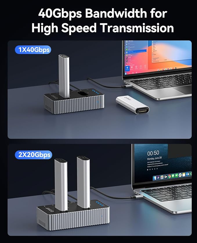 ORICO 40Gbps M.2 NVMe Hard Drive Docking Station with Offline Clone Dual-Bay NVMe Cloner with USB C Cable for Both (M Key, B+M Key) PCIE NGFF Dock, Compatible Size 22110 2280 2260 2242 2230-IT28N