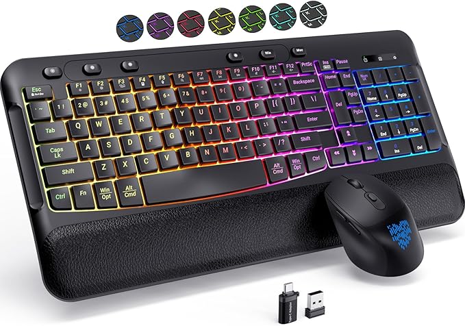 Wireless Keyboard and Mouse Combo, Ergonomic Wave, 9 RGB Backlit Effects, Leather Wrist Rest, Rechargeable 2.4G Silent Set for Computer/Windows/Mac, Black