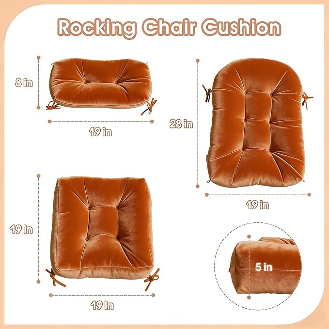 Rocking Chair Cushion Indoor Large Chair Pads Set with Ties Extra Lumbar Pillow Premium Dutch Velvet High Resilience Filler Non-Slip Bottom, Orange