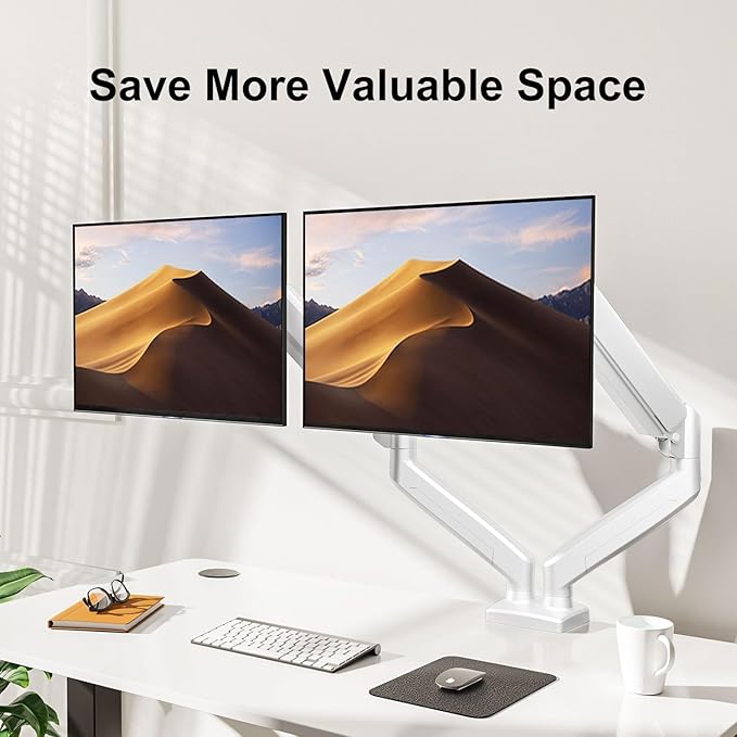 Dual Monitor Mount Fits 13 to 32 Inch Computer Screen, Dual Monitor Arm Hold 4.4-19.8lbs Each, Full Motion Monitor Desk Mounts for 2 Monitors, Gas Spring Monitor Stand, VESA Mount, White
