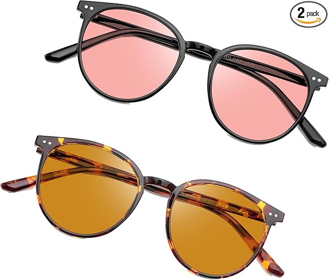 2 Pack Indoor Fluorescent-41 Pink & Outdoor Fluorescent-60 Brown Round Tinted Blue Light Blocking Glasses for Migraine, Light Sensitivity, Photophobia & LED Gaming Computer Screen Glare RF6213