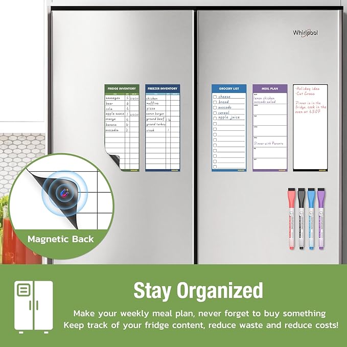 Magnetic White Board for Fridge - Dry Erase Meal Planner for Refrigerator - Weekly Menu Board, Grocery List, Memo Pad, Fridge and Freezer Inventory List - Kitchen Whiteboard with 4 Markers - 4" x 10"