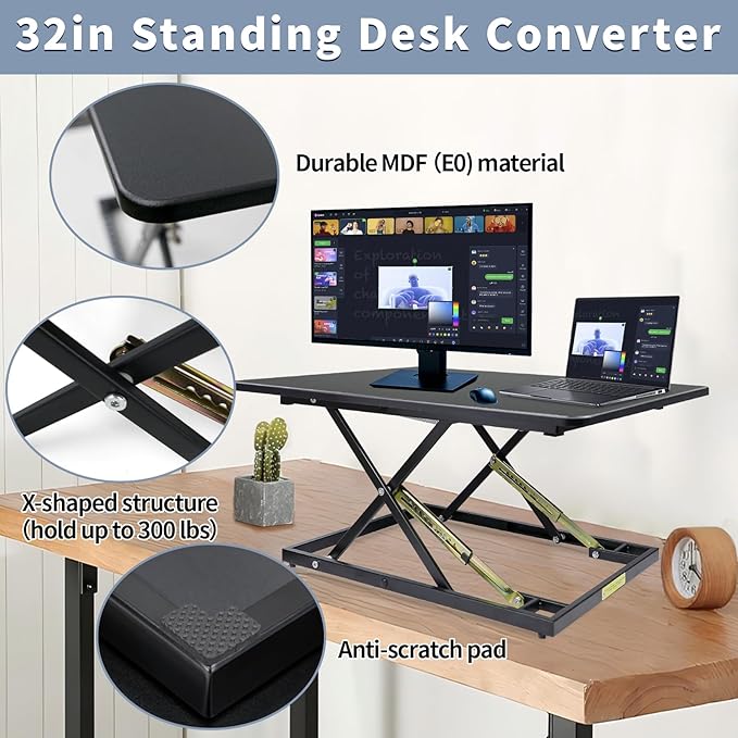 32in Desk Riser for Standing or Sitting, Large Standing Desk Converter, Height Adjustable Sit Stand Desk Converter, Fully Assembled Monitor Laptop Riser Workstation for Home Office, Black