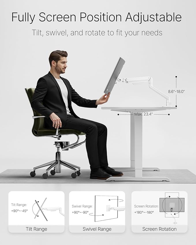 monTEK Deluxe Aluminum Monitor Arm with USB A/C for 17 to 40 Inch Curved Screens Fully Adjustable Single Monitor Arm with Clamp/Grommet, Quick Release Plate, Cable Management, VESA 75/100