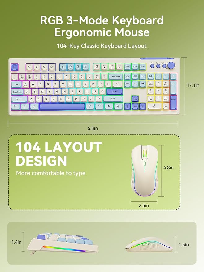 Wireless Keyboard and Mouse Combo, Wireless Keyboard Bluetooth Ergonomic Creamy Computer Keyboards Cute Full Size RGB Backlit Tri-Mode BT/2.4GHz/USB-C for PC Laptop
