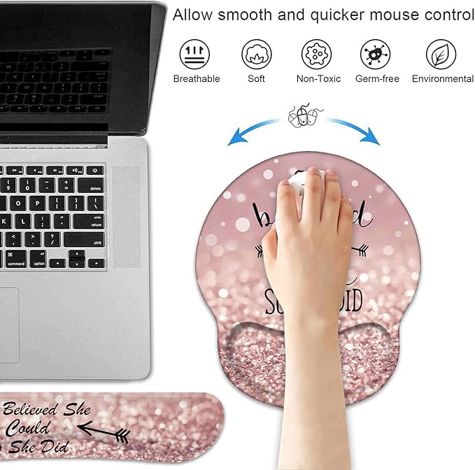 Keyboard Wrist Rest and Mouse Pad Wrist Support, She Believed She Could So She Did Inspirational Quote Non-Slip PU Base, Easy Typing and Relieve Wrist Pain, Perfect for Home Office Working Studying