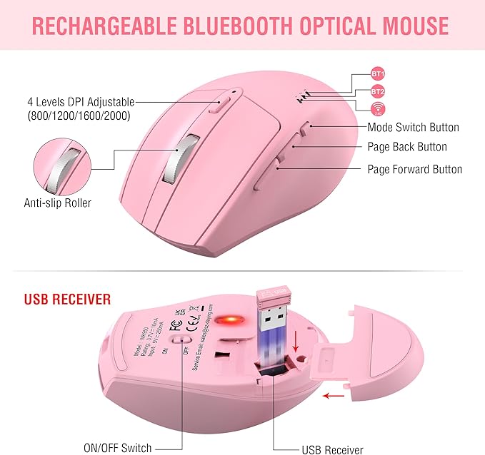 MK960 Ergonomic Wireless Keyboard Mouse Combo, Bluetooth/2.4G Split Design Keyboard with Palm Rest and 4 Level DPI Adjustable Wireless Mouse Multi-Device, Rechargeable, for Windows/Mac/Android(Pink)