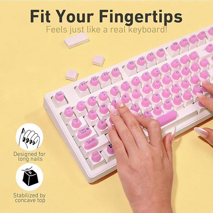 130 Pcs Keyboard Stickers for Long Nails, Ergonomics Raised Keyboard Stickers with Numbers, Self-Adhesive Round-Square PC Keyboard Tabs for Anti-Miss Typing (Pink)