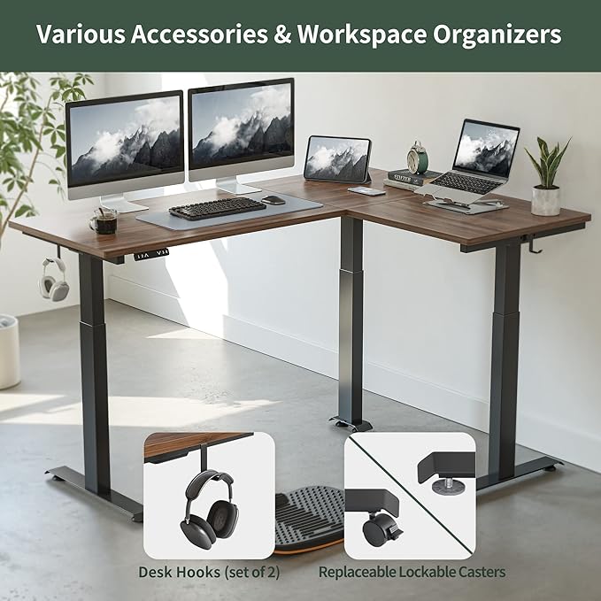 FEZIBO Triple Motor L-Shaped Electric Standing Desk, 63 Inches Height Adjustable Stand up Corner Desk, Sit Stand Workstation with Splice Board, Black Frame/Black Walnut Top