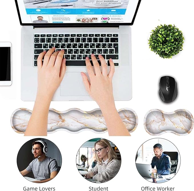 Keyboard Wrist Rest and Mouse Pad Wrist Support Set,Ergonomic Memory Foam Wrist Pad & Non Slip Base for Home Office Working Studying Easy Typing,Rose Gold Marble