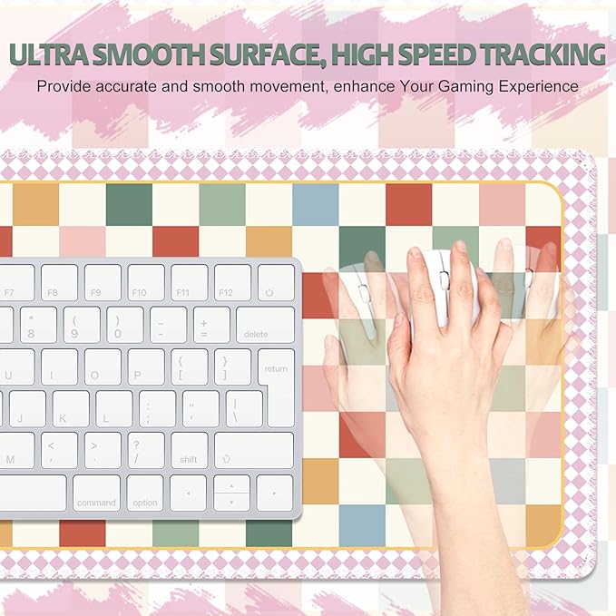 Desk Pad for Keyboard and Mouse, Large Mouse Pad for Desk, Non-Slip Keyboard Mat, Computer Mats for Desk, Cute Desk Pad with Stitched Edges for Office, Gaming I Multicolored Plaid