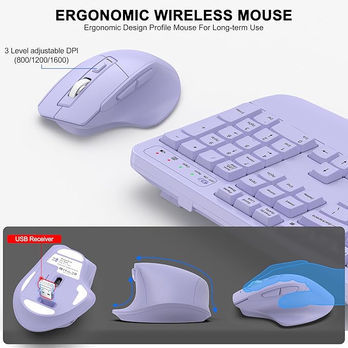 Wireless Keyboard and Mouse Combo, 2.4G Full Size Wave Keys Ergonomic Keyboard with Wrist Rest and 3-Level DPI Adjustable Wireless Ergonomic Mouse for Windows, Mac OS Desktop/Laptop/PC(Purple)