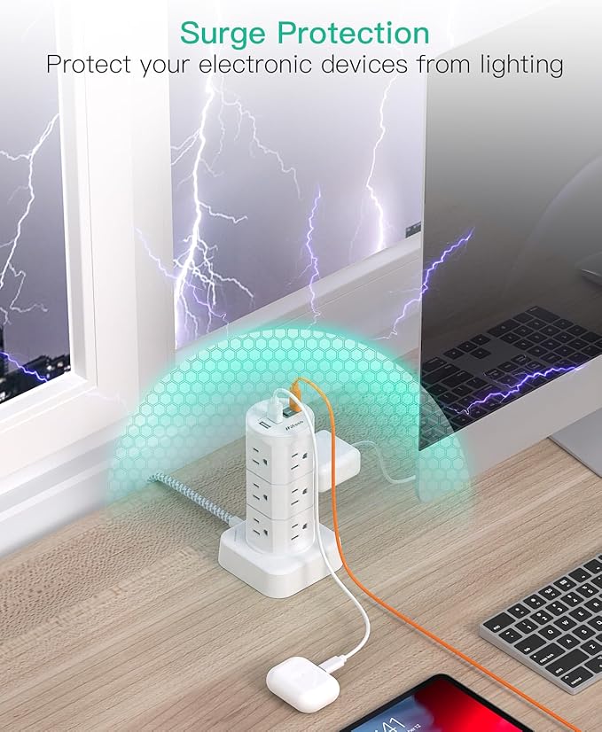 Surge Protector Power Strip Tower, 10FT Extension Cord with Multiple Outlets(12 AC Outlets), Surge Protector with USB Ports, Charging Station for Multiple Devices, Office Supplies, Dorm Essentials