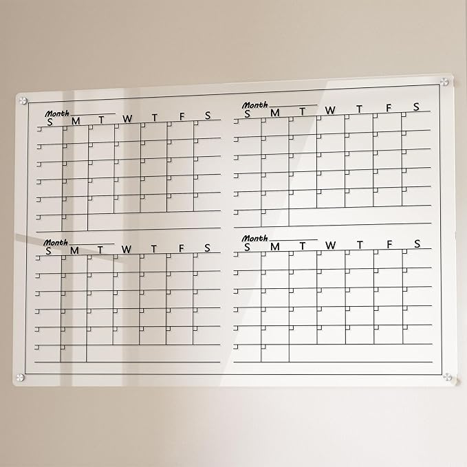 Acrylic 4 Monthly Calendar Whiteboard for Wall, 36"x24" Clear Planner Dry Erase White Board for List, Kitchen, Planning, Memo, Office