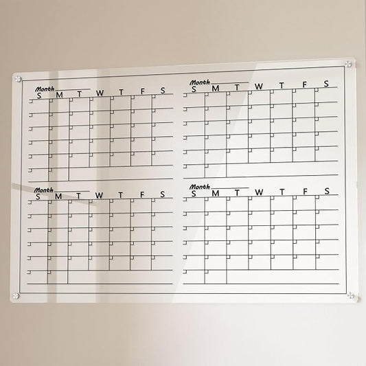 Acrylic 4 Monthly Calendar Whiteboard for Wall, 36"x24" Clear Planner Dry Erase White Board for List, Kitchen, Planning, Memo, Office