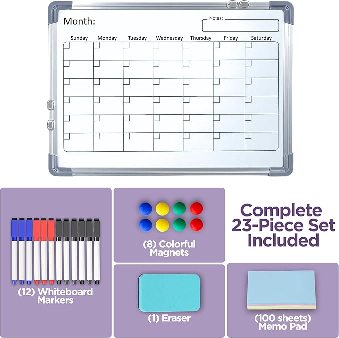 Large White Board Calendar Dry Erase Planner, Dual Side Magnetic Whiteboard for Fridge, Family Calendar Planning Boards w/Movable Hooks, Monthly Whiteboard with Lines, Memo, Pens & Eraser (16x12)