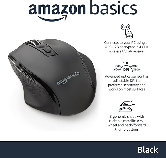 Amazon Basics Portable Wireless Computer Mouse, Ergonomic, 2.4 GHz Optical, DPI Adjustable, Easy to Use, Compatible With PC, Mac, Laptop, Black