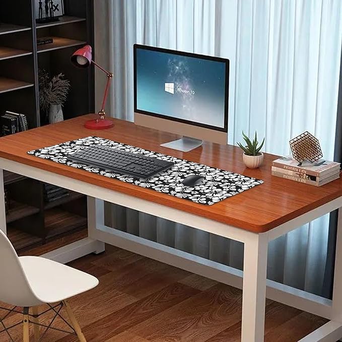 Black and White Flowers Desk Pad Mouse Pad,Large XL Floral Mouse Mat with Stitched Edges for Gift,Non-Slip Rubber Base Mousepad for Office PC Keyboard Laptop and Home Work Desk Mat(31.5X11.8 in)