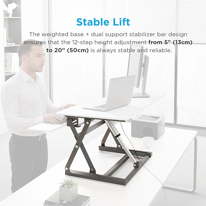 29" Electric Standing Desk Converter, Dyropcurv Series Height Adjustable Computer Desk Ergonomic Home Office Desk for Adults, Sit to Stand Desk with Quiet Motor, White