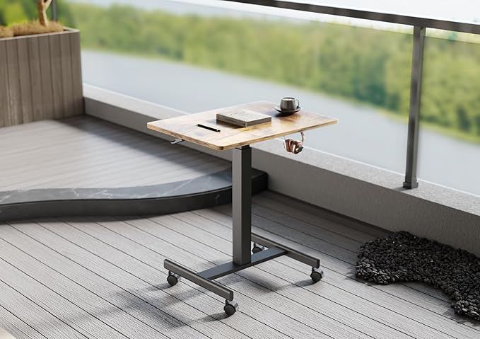 Claiks Mobile Standing Desk, Small Rolling Adjustable Desk with Wheels, Pneumatic Mobile Laptop Desks Workstation with Hook, Rustic Brown