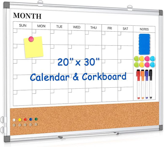 Monthly Calendar Whiteboard Dry Erase Cork Board Combo for Wall, 30" x 20" Magnetic Double-Sided Calendar White Board and Bulletin Board, Portable Board for Office, Kitchen, School, Home, Dorm