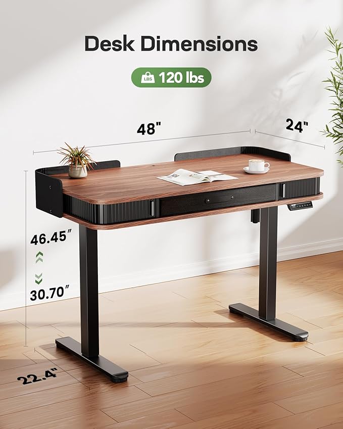 Marsail Standing Desk, Whole-Piece Desktop Computer Desk, 48 x 24 Inches Adjustable Desk with 3 Drawers, Home Office Desks with 3 Memory Preset
