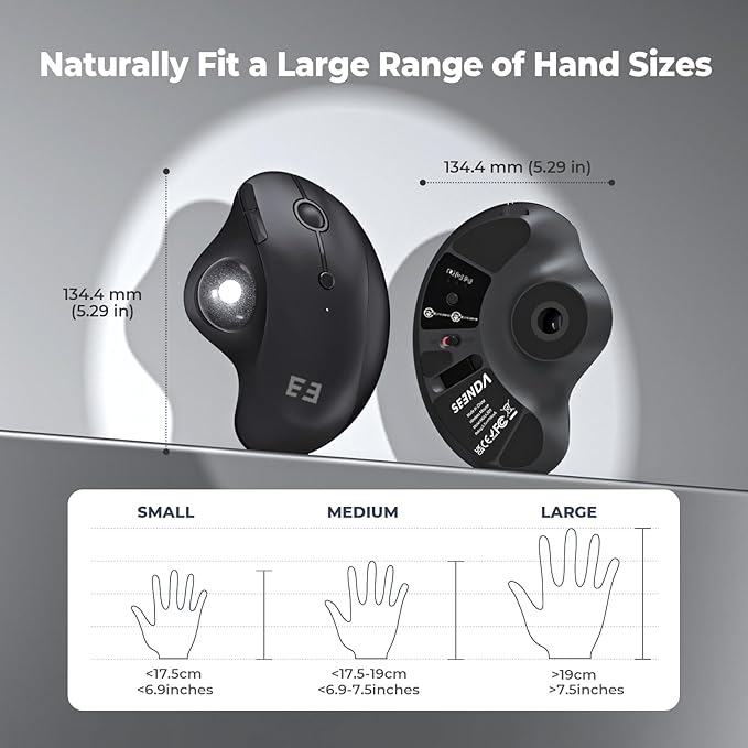 seenda Wireless Trackball Mouse, Bluetooth - Ergonomic Rollerball Mouse Rechargeable, 3 Device Connection Optical Mice Adjustable DPI Thumb Control Mice Compatible for Mac/Android/Windows-Black