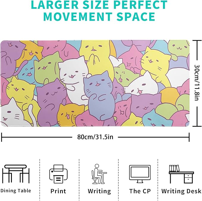 Kawaii Cats Gaming Mouse Pad, Extended Large Mouse Mat Desk Pad, Big Computer Keyboard Desk Pad, Stitched Edges Mousepad, 3mm Thick Long Non-Slip Rubber Base Mice Pad, 31.5 X 11.8 Inch1