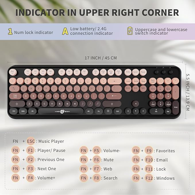 Wireless Keyboard and Mouse Combo, Retro Typewriter Style Keyboard with Cute Round Keycaps, 2.4GHz Bubble Creamy Keyboard for Long Nails, Clicky Mouse with 3 DPI for PC Computer Laptop Desktop (Black)