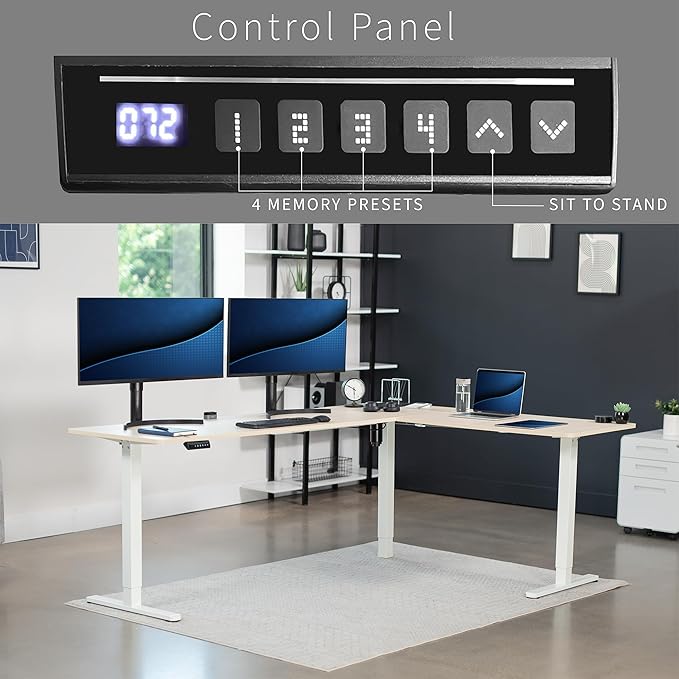 VIVO Corner Standing Desk, 84 x 63 inch Reversible L-Shaped Workstation, Electric Height Adjustment, Home, Office, and Reception Rooms, Light Wood Table Top White Frame, DESK-E3CTWC-84