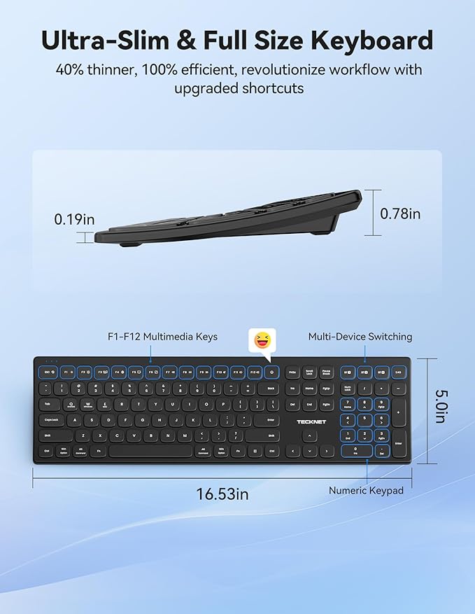 TECKNET Bluetooth Wireless Keyboard, Multi Device Free Switching (BT5.0+2.4G+Wired), Quiet Typing, Ultra-Slim Full Size with Numpad for Mac/Windows/Android, 12 Multimedia Keys