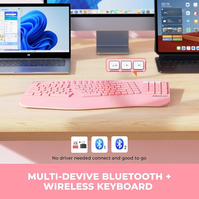 MEETION Ergonomic Keyboard Wireless, Multi-Device Bluetooth Keyboard, Full-Sized Rechargeable Split Computer Keyboards, Wrist Rest for Natural Typing, for Windows/Mac/Laptop/Table/PC, Pink